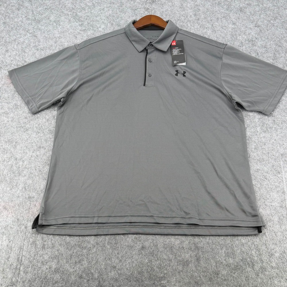 Under Armour HeatGear Polo Shirt Mens XL Gray Loose Fit Short Sleeve Microstripe